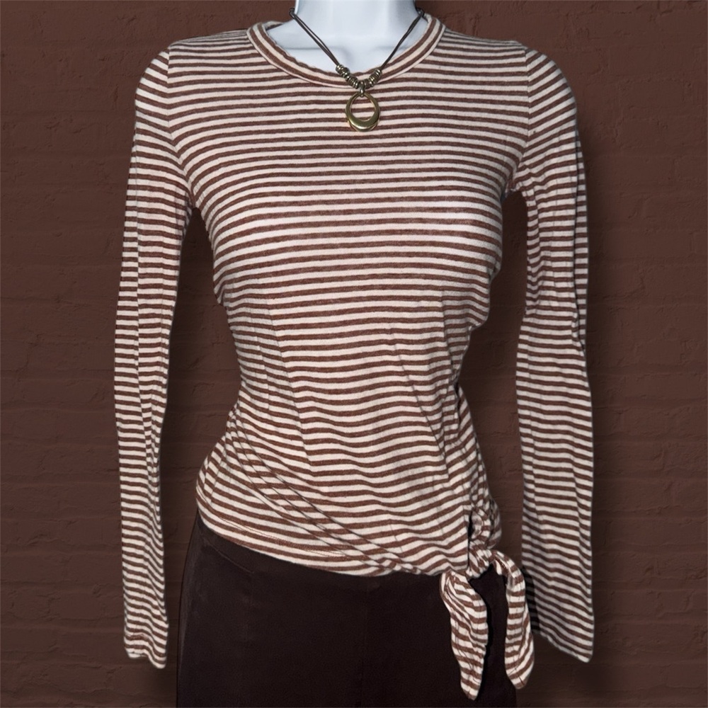 Madewell Soundcheck White & Russet Brown Stripes Long Sleeve Side Tie T-Shirt